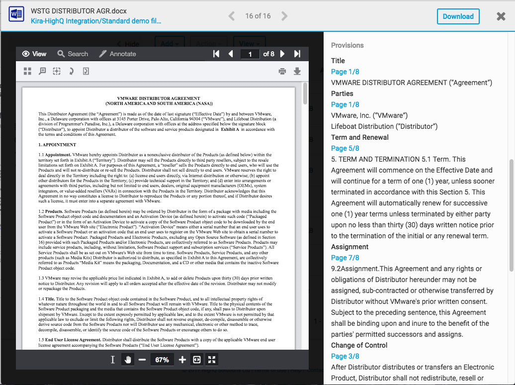 HighQ Integration - Viewing detailed view of document in HighQ iSheets