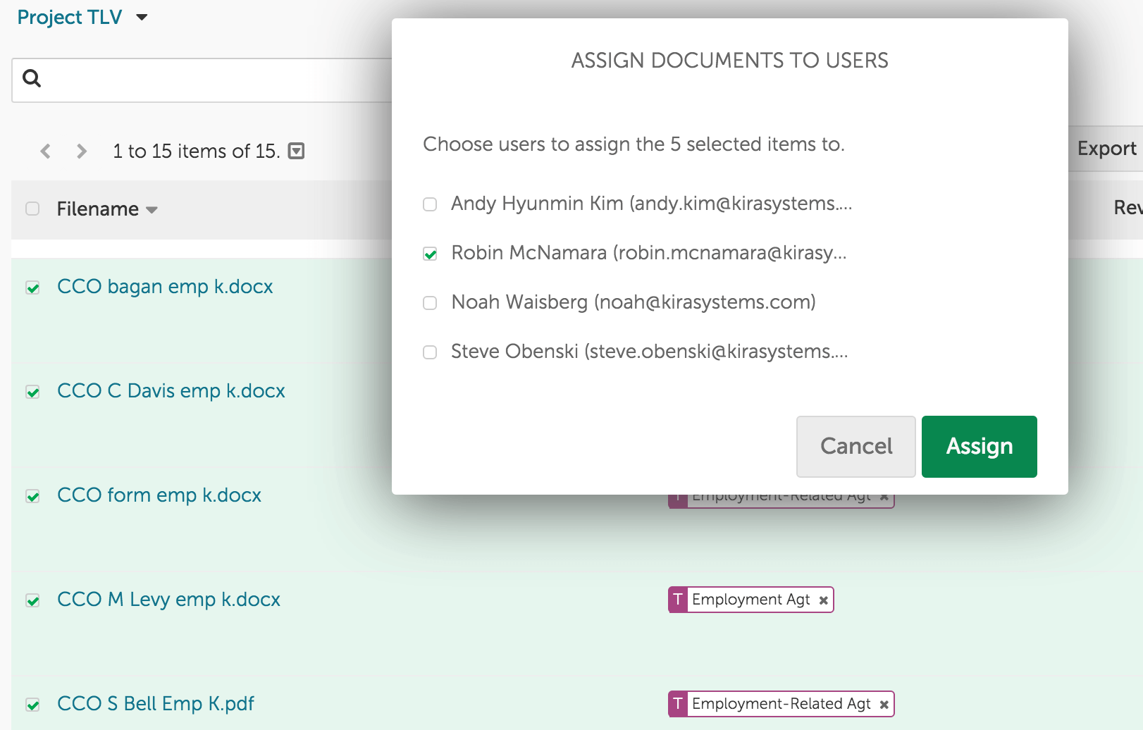 Assignment documents and folders in Kira